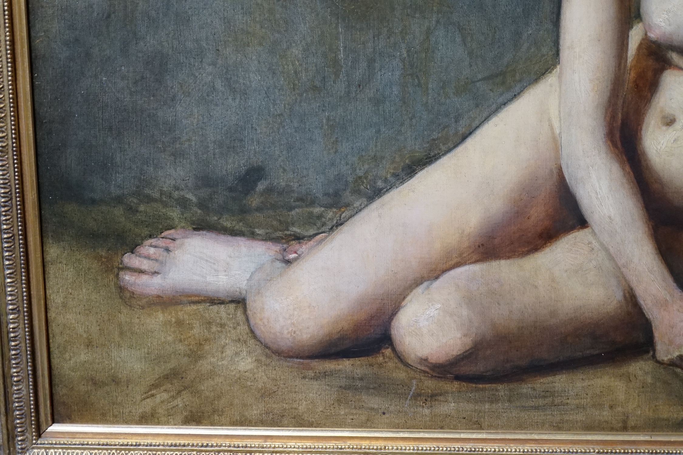 Late 19th Century French School, Seated female nude holding a seashell, oil on canvas, 78 x 98cm
